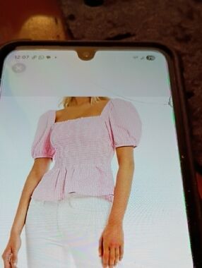 French Connection Pink Gingham Smocked Square-Neck Puff Sleeve Top